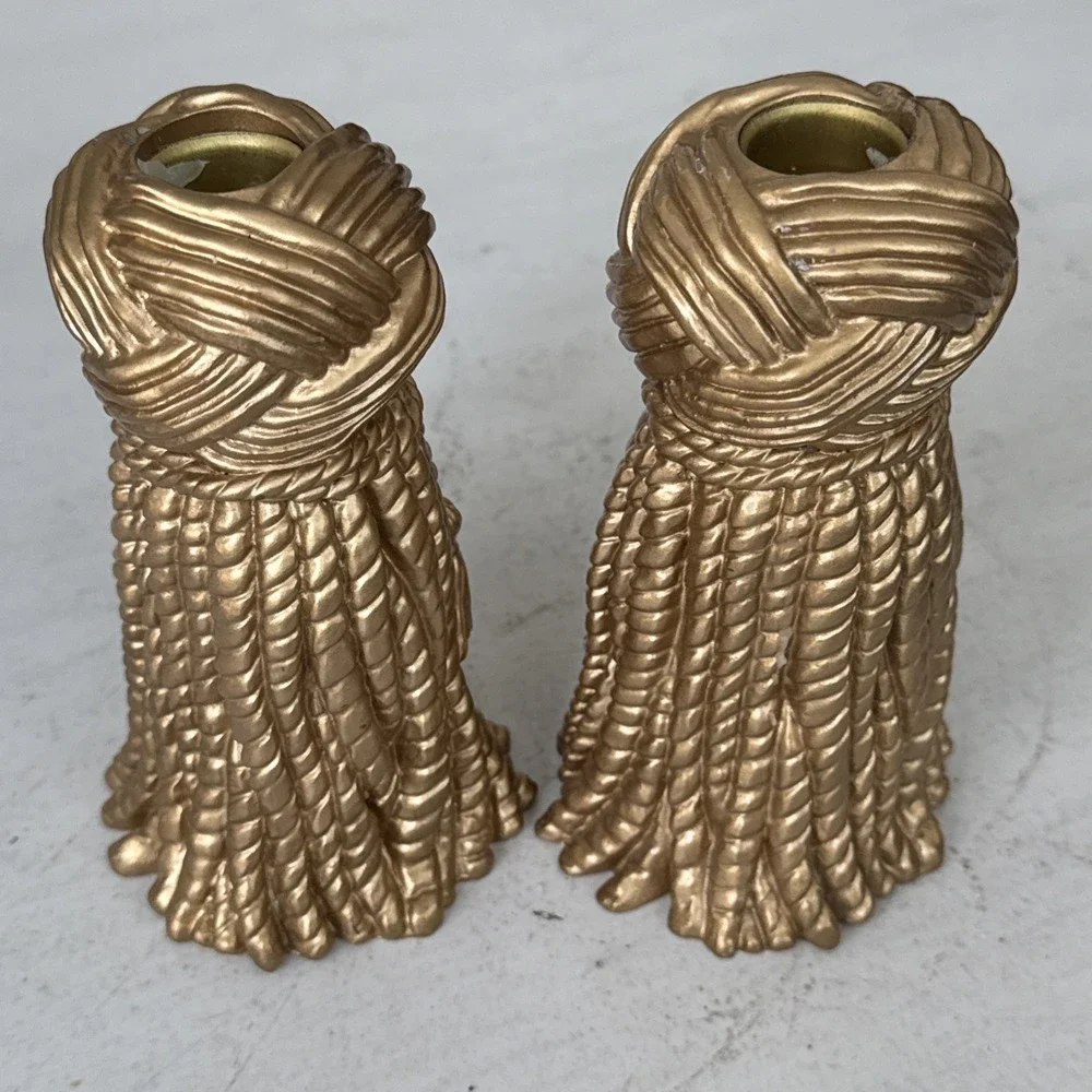 Vintage Hollywood Regency Resin Tassel Candle Holder Set Mid Century Draper Gold